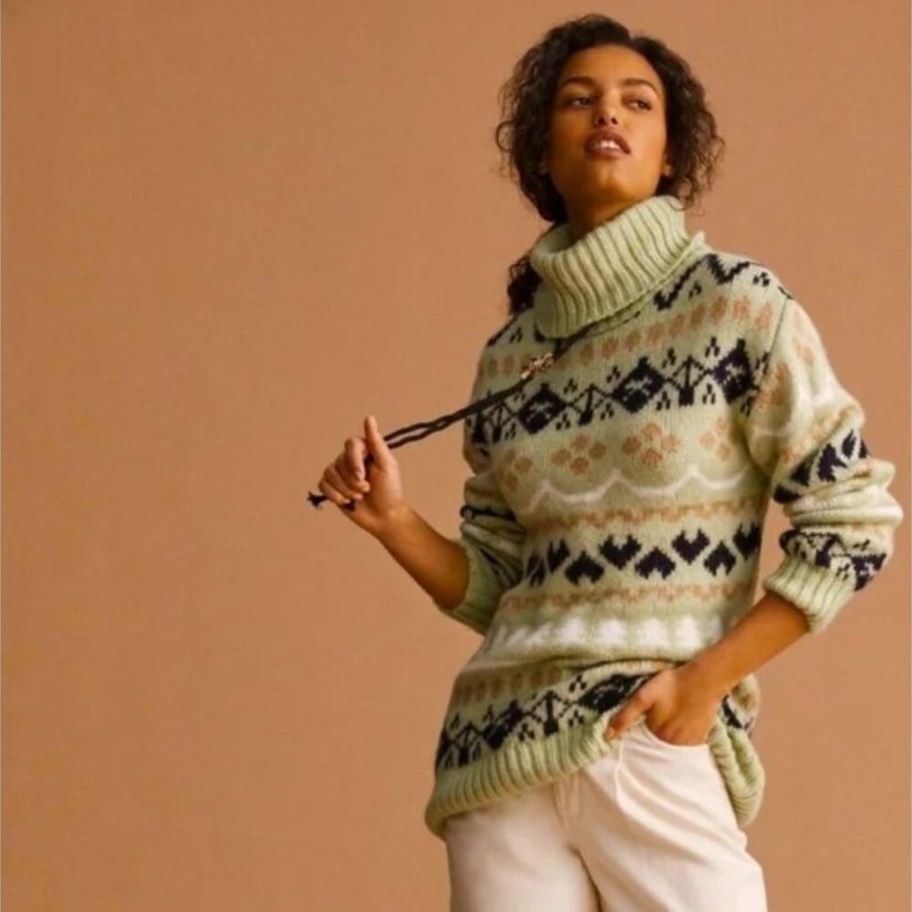 Anthropologie Mint Green‎ Fair Isle Heavy Knit Turtleneck Tunic Sweater